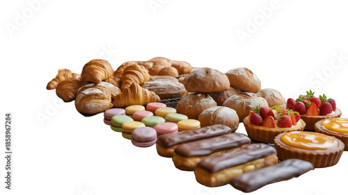 Assorted Baked Goods and Fresh Fruits on White Background