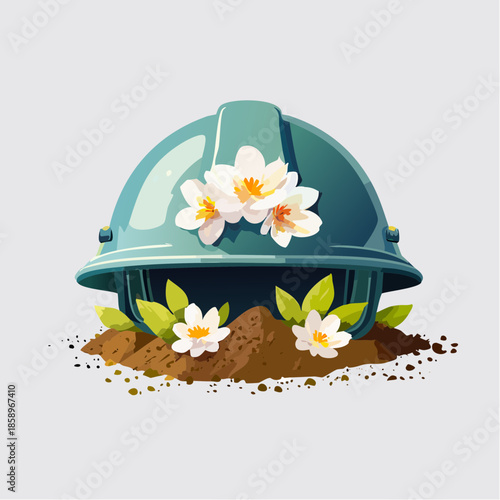 A vibrant illustration of a hard hat repurposed as a planter, overflowing with rich soil and delicate blooming flowers, symbolizing environmental renewal, peace, and sustainable growth