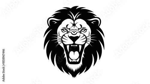Black and white illustration of a roaring lion's head on a white background