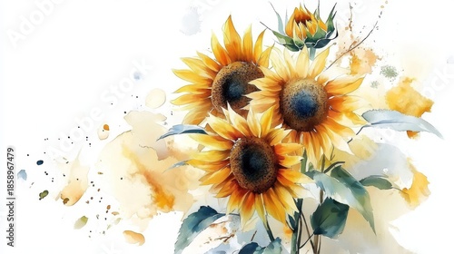 Circular arrangement of sunflowers in watercolor style.