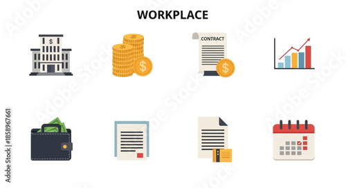 Flat lay of various workplace icons on a white background.