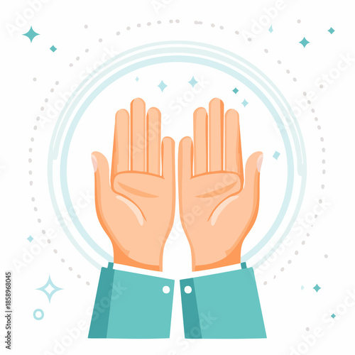 Open palms illustration, symbolizing prayer, gratitude, or offering, with a celestial, sparkling aura