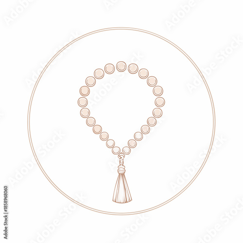Minimalist flat icon of tasbih prayer beads, featuring round beads and an elegant tassel within a circular frame, symbolizing spirituality and mindfulness