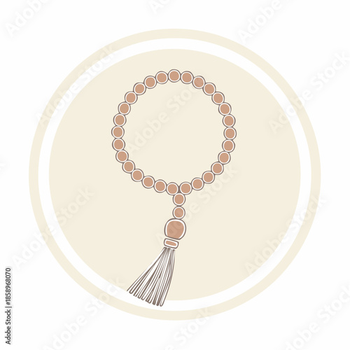 Minimalist illustration of a rosary with beads and a tassel, representing prayer and spirituality, designed in a flat, geometric style