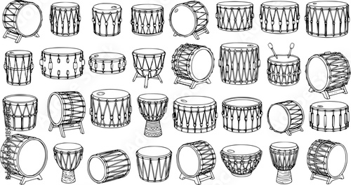 Collection of Black and White Line Art Illustrations of Various Drums and Percussion Instruments on White Background