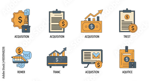 Collection of business acquisition icons on a white background.