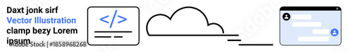 Cloud computing, software development, user access design, data integration, web technology, coding solutions. Diagram with a cloud, code symbol and UI elements. Cloud computing and software