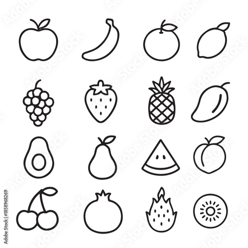 Fruits Line Icon Set – Apple, grapes, pineapple, mango and Fresh Fruit Outline Icons