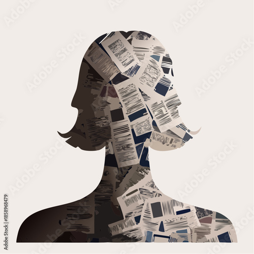 Woman's silhouette intricately formed by a collage of documents, symbolizing the mental burden of information overload, administrative tasks, and modern life's pressures