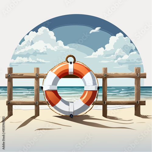 Lifebuoy on a wooden fence at the beach with the ocean and clouds in the background