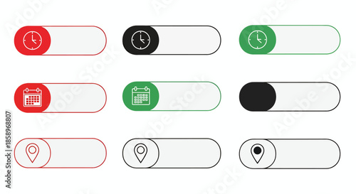 Set of toggle switch icons with time, calendar, and location symbols in various colors.