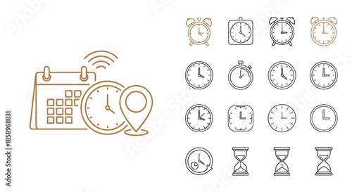 Set of outlined time, clock, calendar, and schedule icons for planning and reminders.