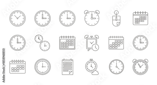 Set of outlined clock and calendar icons representing time management and scheduling concepts.