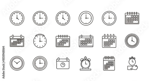 A versatile set of minimalist line art vector icons featuring clocks and calendars, ideal for representing time management, planning, and event scheduling.