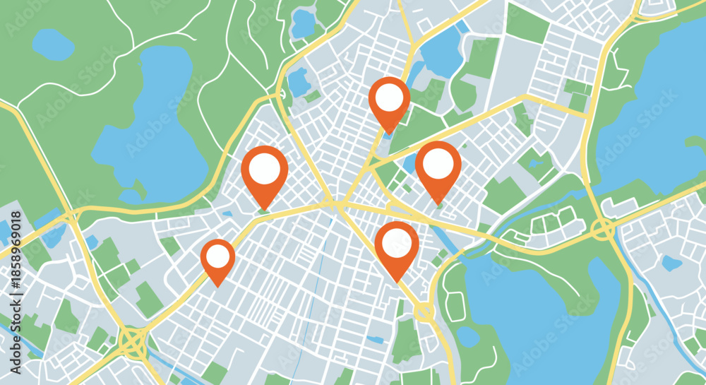 Fototapeta premium City map with highlighted location markers and various urban features including roads and green areas.