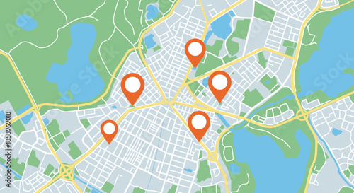 City map with highlighted location markers and various urban features including roads and green areas.