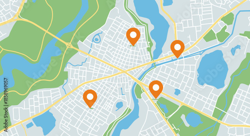 A vibrant, flat design vector illustration depicts an urban city map with multiple orange pin markers indicating specific points of interest or navigation routes.