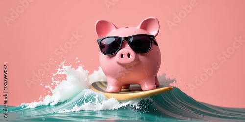 A piggy bank in sunglasses rides a wave against a pink backdrop.
