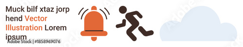 Emergency response, urgency, quick action, alert, safety, weather awareness. Figure running next to a ringing alarm bell and cloud. Emergency response and urgency concept