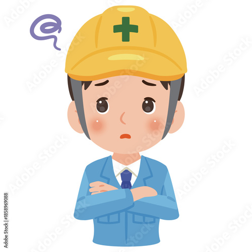 困る作業服を着てヘルメットを被った男性　上半身イラスト／Troubled man wearing work clothes and a safety helmet, upper body illustration