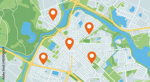 City map illustration with multiple location markers and highlighted streets and parks.