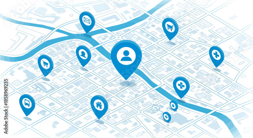 An isometric vector illustration depicts a digital city map with various blue location pins indicating different services and navigation points.