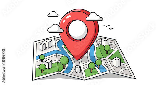 Illustration of a map with a large red location pin and cityscape elements including trees and rivers.