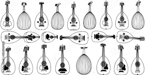 Black and White Line Art Collection of Oud Instruments on White Background