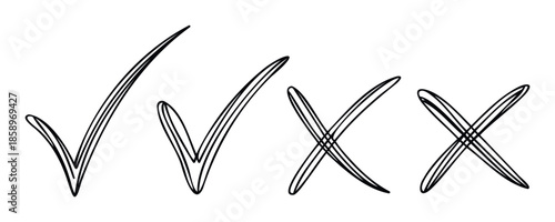 Hand drawn check mark and cross mark symbols for agreement and disagreement, perfect for user interface feedback, voting options, or task completion indicators