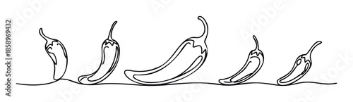 Dynamic single line art illustration featuring multiple hot chili peppers perfect for culinary product packaging, kitchen decor, or vibrant foodrelated marketing campaigns