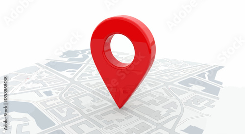 Large red location pin on a simplified city map background representing navigation and positioning.