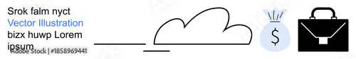 Cloud computing, business solutions, finance management, digital economy, data storage, secure transactions. Simplified cloud, money bag briefcase illustration. Cloud computing and business