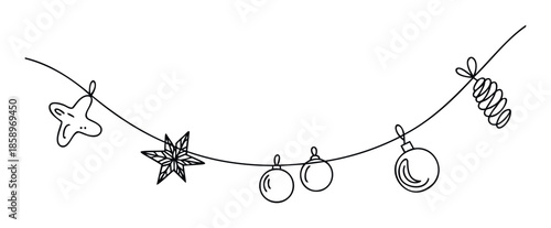 Simple continuous line drawing of a festive holiday garland featuring various Christmas ornaments like stars, baubles, and a spring, suitable for seasonal greeting designs and festive decor