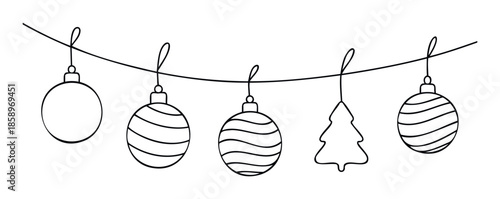 Minimalist black line drawing of various Christmas tree ornaments and a festive garland, perfect for holiday season greetings, winter event invitations, and web graphics.