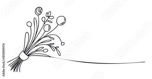 A delicate minimalist hand drawn line bouquet with abstract flowers and leaves, featuring a tied ribbon and an extended decorative stroke, suitable for invitations, event decor, or branding.