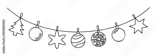 Festive garland featuring a collection of diverse Christmas ornaments including trees, stars, and decorated balls, ideal for welcoming the holiday season and adding seasonal decor to