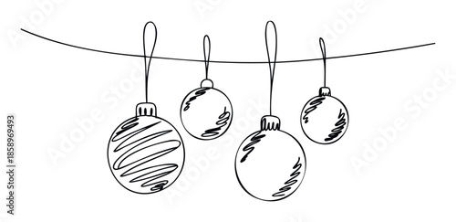 Simple continuous line drawing of festive Christmas baubles and decorative holiday ornaments hanging on a curved string, ideal for seasonal greetings and winter celebration invitations.