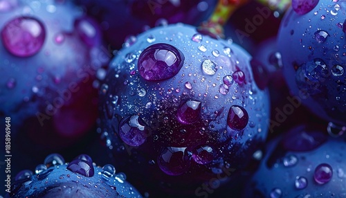 Stunning macro capture of fresh, ripe dark grapes adorned with numerous shimmering water beads, emphasizing their crisp texture and organic essence