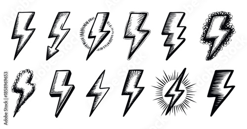 Handdrawn thunderbolt symbols representing electric power and warning for various graphic resources, warning signs, energetic branding, or unique sticker applications.
