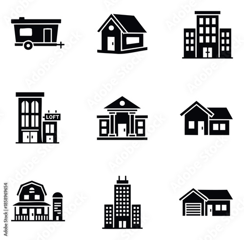 Collection of diverse building and housing type icons for architectural, real estate, and urban planning projects requiring clear graphic representations