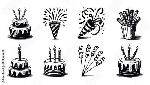 A delightful assortment of hand drawn birthday and celebration icons featuring tiered cakes with lit candles, festive party poppers bursting with confetti, playful curly streamers, and a