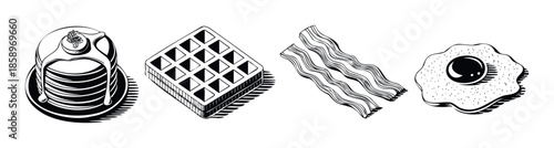 Assortment of classic breakfast dishes featuring pancakes with syrup, a crispy waffle, savory bacon, and a sunnysideup egg, ideal for cafe branding or foodrelated promotions.