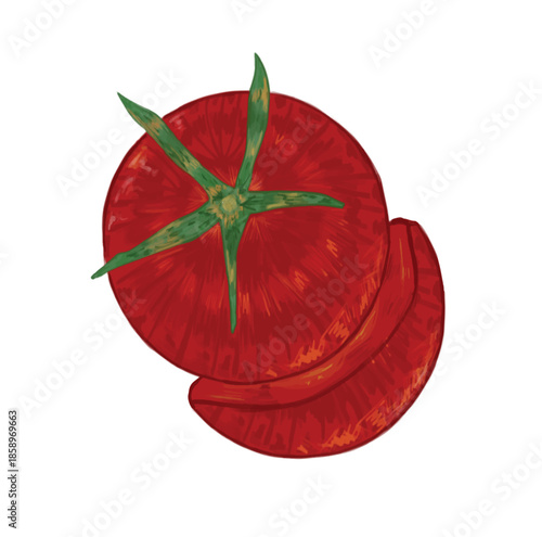 Vibrant hand-drawn illustration of a ripe red tomato with green stem and leaves, alongside two fresh tomato slices on a white background.