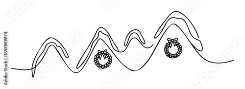 Continuous line drawing featuring festive Christmas wreaths nestled among rolling abstract hills, perfect for holiday season greetings, winter event promotions, or minimalist yuletide