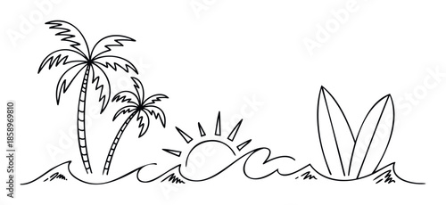 Summer vacation graphic depicting a tropical beach scene with two palm trees a rising sun ocean waves and surfboards perfect for apparel print or holiday stickers