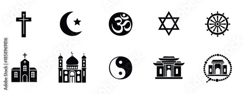 A diverse collection of spiritual symbols and sacred buildings representing various world religions, perfect for educational materials, cultural presentations, and interfaith awareness
