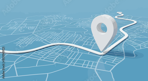 A 3D white location pin stands prominently on a stylized blue city map, illustrating a clear route for navigation or a specific destination.