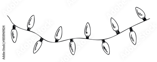 Hand drawn string of festive Christmas lights in a doodle style, perfect for holiday decoration and seasonal graphic projects to celebrate winter season celebrations.