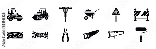 Comprehensive collection of construction industry equipment heavy machinery road work safety signs and various hand tools for web icons and industrial infographic projects