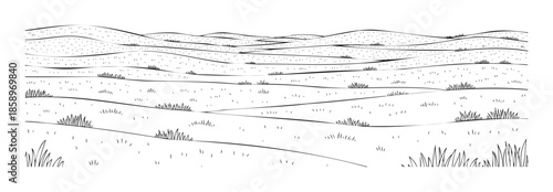 Black and white outline drawing depicting a serene rolling landscape with natural hills and sparse grassy areas, suitable for natureinspired graphics, coloring books, and landscape design